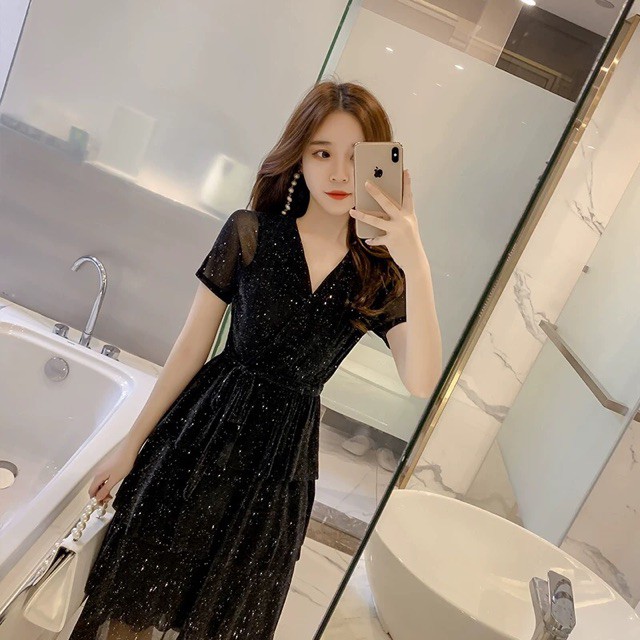 {Order bigsize,L-4xl}Váy cổ đáp chéo co dãn xoè tầng