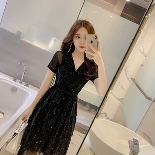 {Order bigsize,L-4xl}Váy cổ đáp chéo co dãn xoè tầng