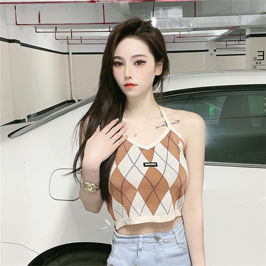 Áo yếm croptop dệt kim caro nữ - Áo ba lỗ len kiểu buộc dây cô tim dáng ngắn hàng đẹp thiết kế Quảng Châu cao cấp