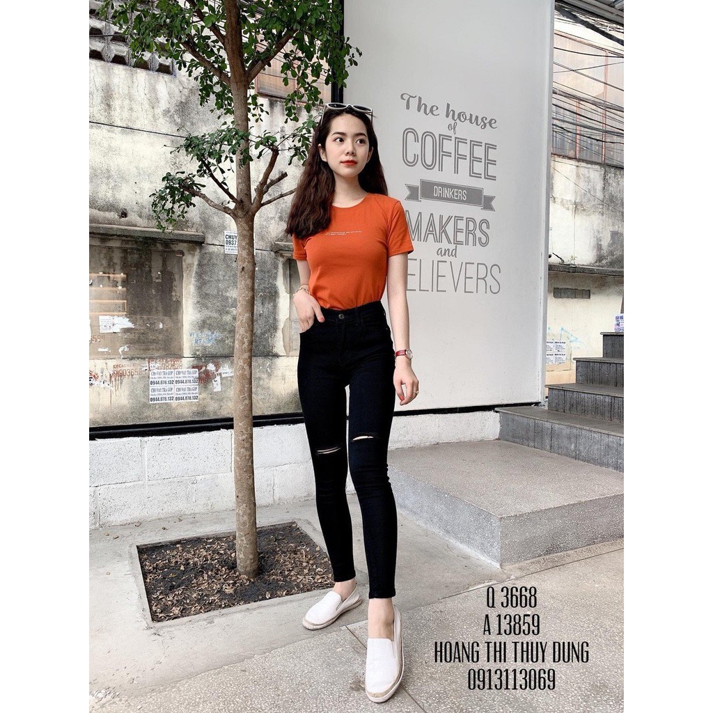 quần jean nữ lưng cao rách gối màu đen siêu đẹp 500