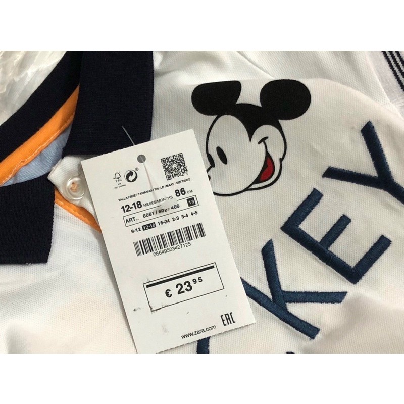 Áo polo trắng cộc tay mickey Zara 1-5Y (có ảnh thật)