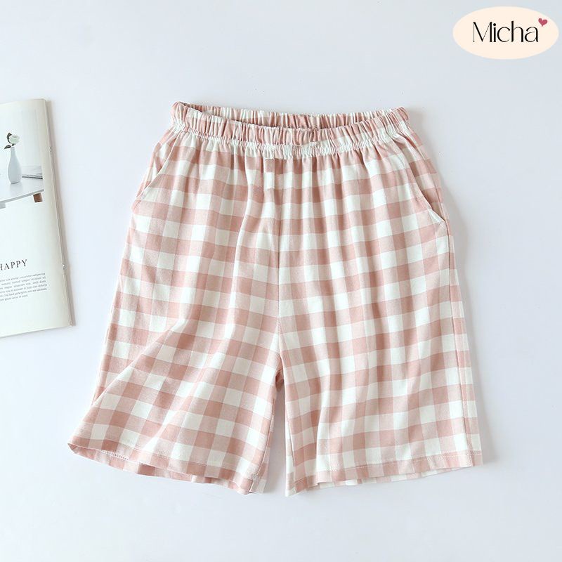 Quần đùi ngố nữ Micha cotton 100% cao cấp quần lửng ống rộng dài trên gối họa tiết kẻ caro