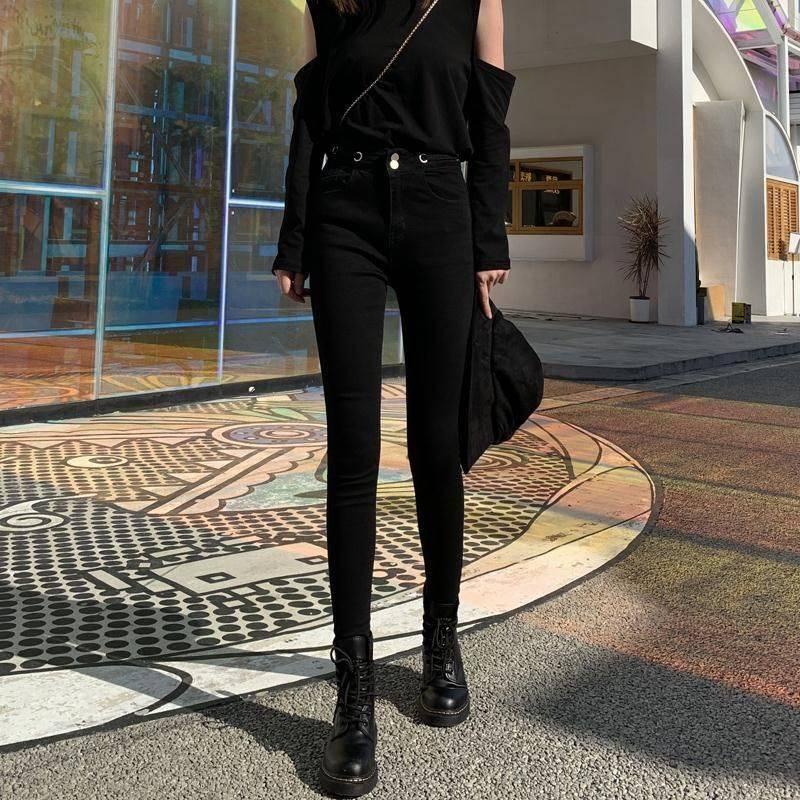 Quần skinny jean màu đen lưng cao co giãn thời trang xuân hè cho nữ