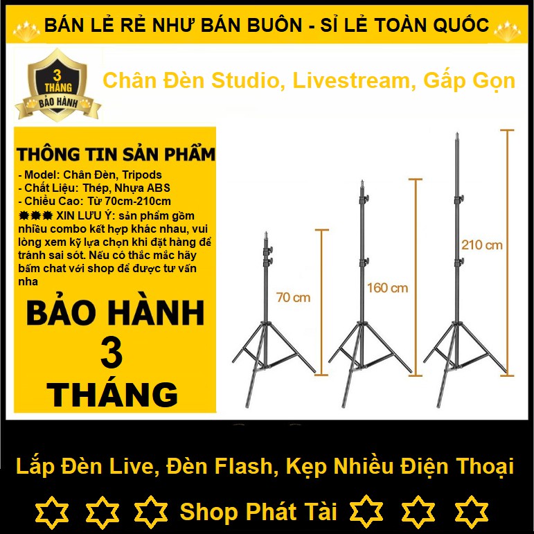 Cây Livestream, Chân đỡ điện thoại cho chụp ảnh, quay phim tăng giảm chiều cao từ 70cm đến 2m1, tặng kèm kẹp điện thoại