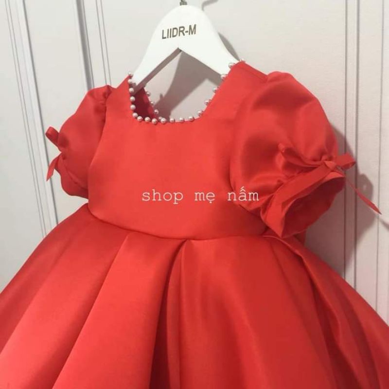 Đầm bé gái dáng xòe xếp ly tay phồng xẻ lưng gắn nơ - Shop Mẹ Nấm