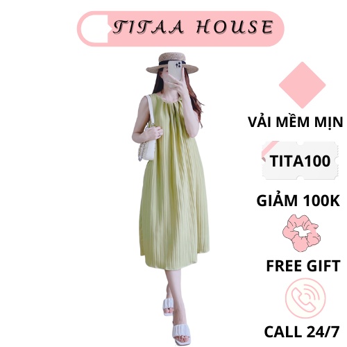 Váy maxi, Đầm ba lỗ sát nách dáng suông thiết kế cổ tròn nhúm đi biển, dạo phố sang chảnh thanh lịch TITAA HOUSE