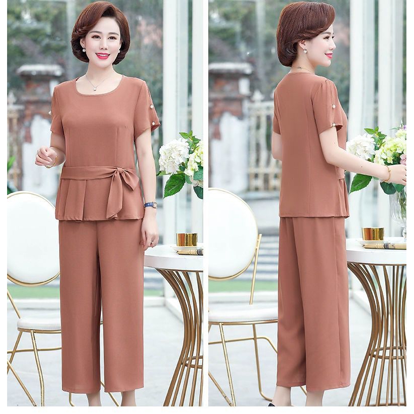 Middle-aged mother wear summer chiffon suit foreign style 40-50 year old women's short sleeve two-piece suit
