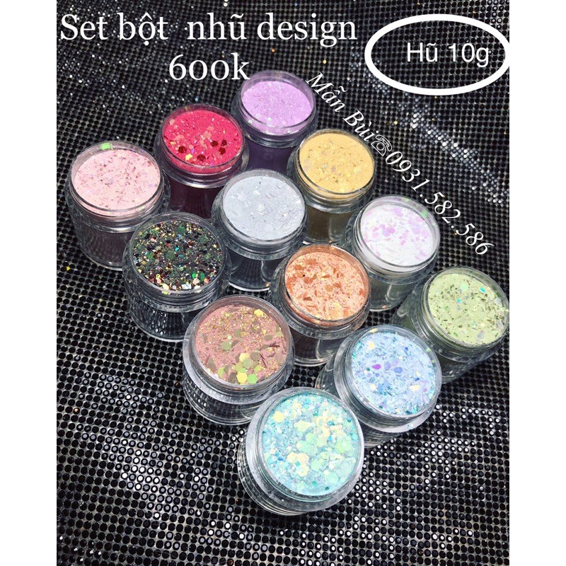 Set bột nhũ design 12 hũ 10g, bột đắp móng nail
