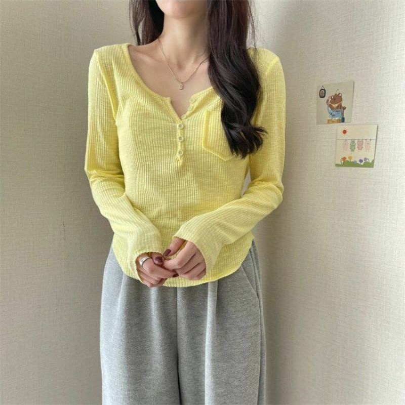 Áo Thun Nữ Tay Dài Hàn Quốc Cổ Rộng Nữ Tính Thời Trang
