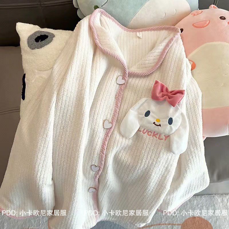 Đồ Ngủ Lông Cừu San Hô. Bộ Đồ Ngủ Lông Cừu San Hô Phối Nhung Dày In Hoạt Hình Dễ Thương Thời Trang Thu Đông Cho Bạn Gái