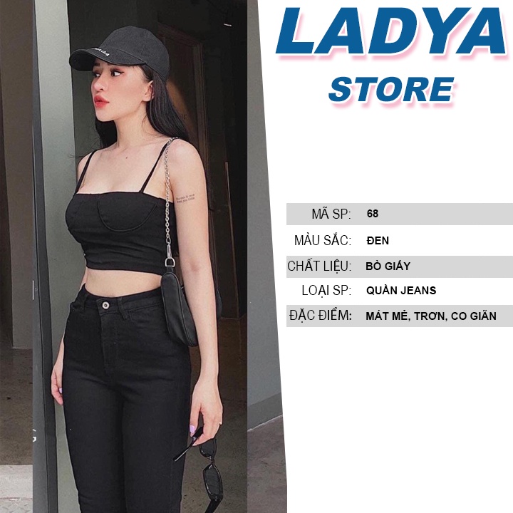 Quần jean nữ Ladya lưng cao siêu co giãn ống đứng vải bò giấy đen trơn cao cấp M68 | BigBuy360 - bigbuy360.vn