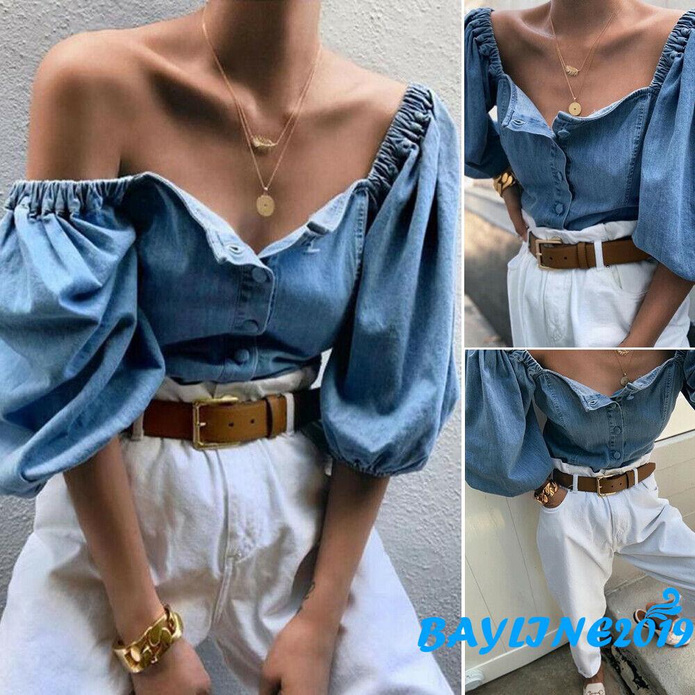 Áo kiểu denim tay lỡ trễ vai thời trang gợi cảm cho nữ