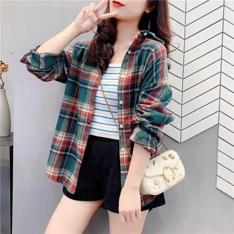 Áo sơ mi RENJIANVSHENG tay dài họa tiết kẻ sọc ca rô màu sắc tương phản phong cách Hong Kong retro thời trang cho nữ
