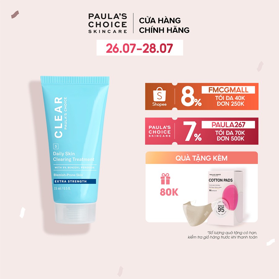 Kem chấm mụn chuyên sâu giảm sưng đỏ Paula’s Choice Clear Extra Strength Daily Skin 5% benzoyl peroxide 15ml mã 6117