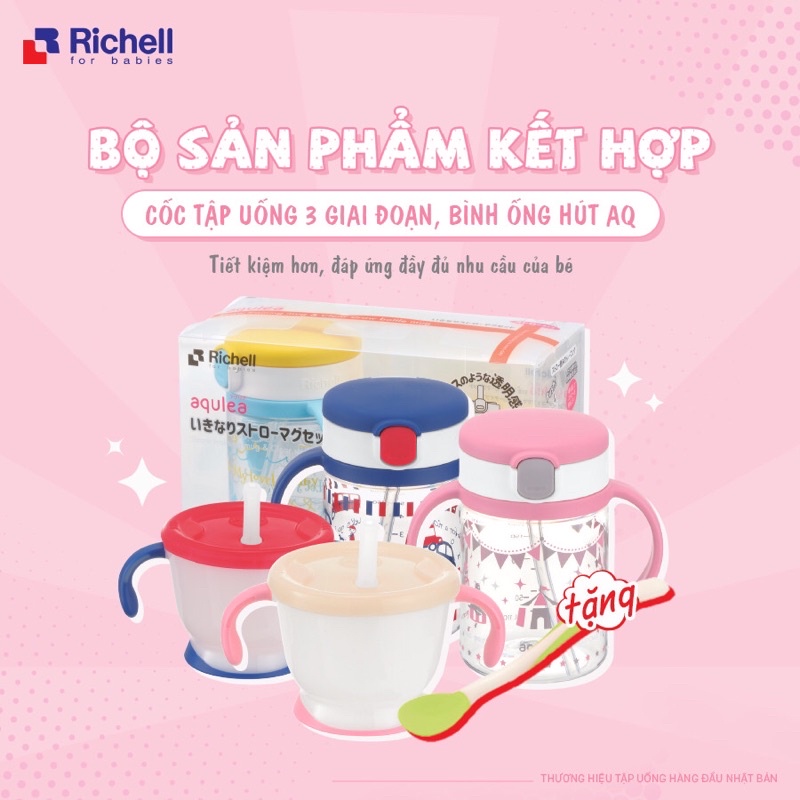 BỘ CỐC TẬP UỐNG 3 GIAI ĐOẠN &amp; BÌNH ỐNG HÚT AQ tặng thìa Richell