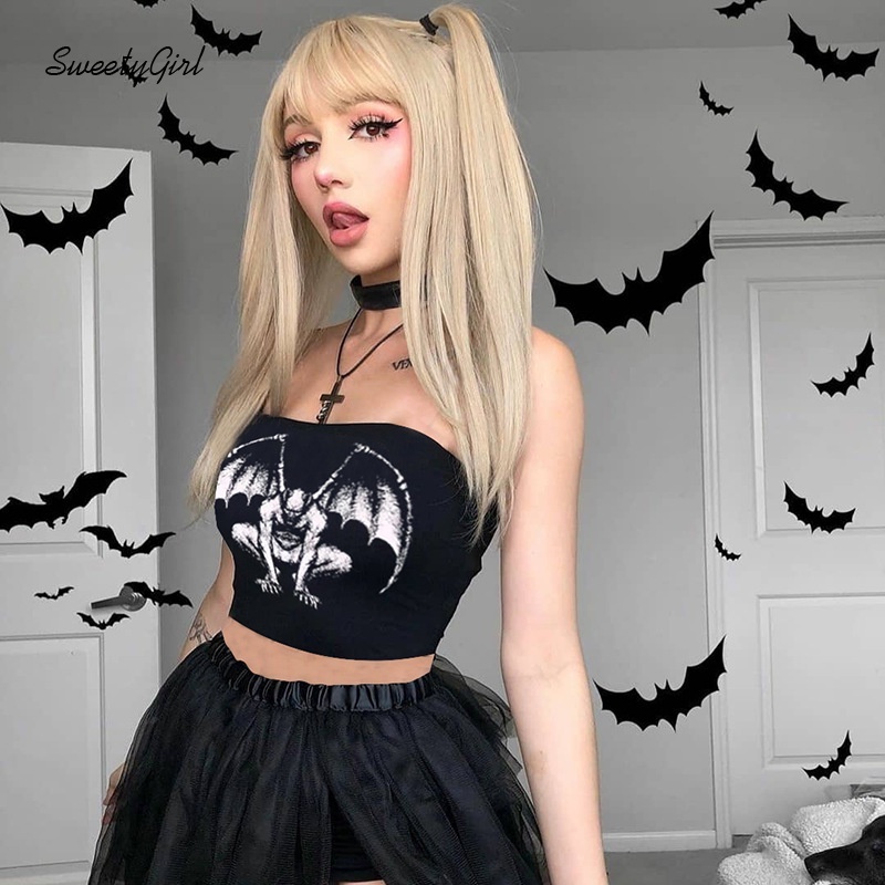 Áo kiểu ống ôm dáng hở vai in họa tiết phong cách punk cá tính thời trang dành cho nữ