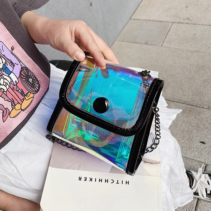 Túi đeo chéo Ielgy dáng vuông thiết kế nhỏ nhắn màu laser trong suốt đáng yêu dành cho bé gái