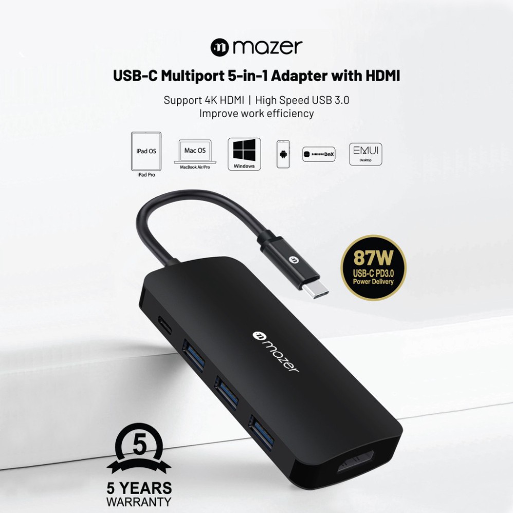 Cổng Chuyển Đổi Mazer USB-C 5-in-1 HUB hỗ trợ mở rộng HDMI 4K, USB 3.0 cho Laptop, điện thoại và Macbook, Bảo hành 5 năm