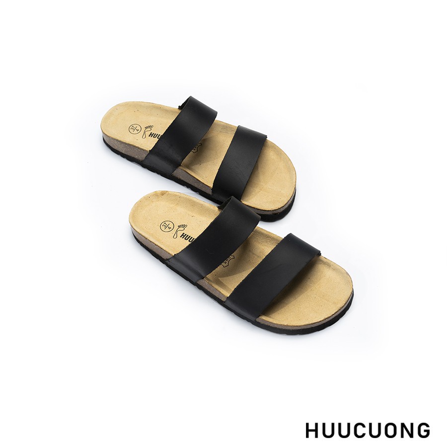 Dép unisex HUUCUONG  2 Quai Ngang Quai Da Thật Màu Đen Đế Trấu