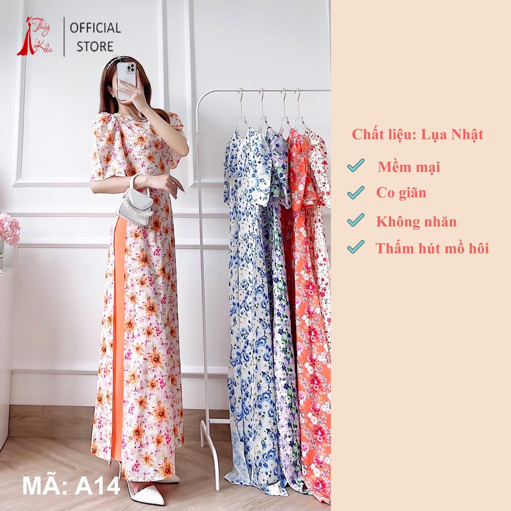Áo dài nữ thiết kế trẻ trung A14 hoa nhí tay loe hoa bướm cổ đính ngọc đi dạy lễ tết cưới đẹp