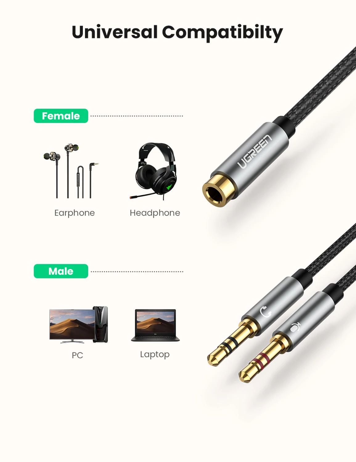 One Point Two 3.5mm Interface Audio Splitter / Suitable for Apple Android Phones / Phone Headsets Become Computer Headsets