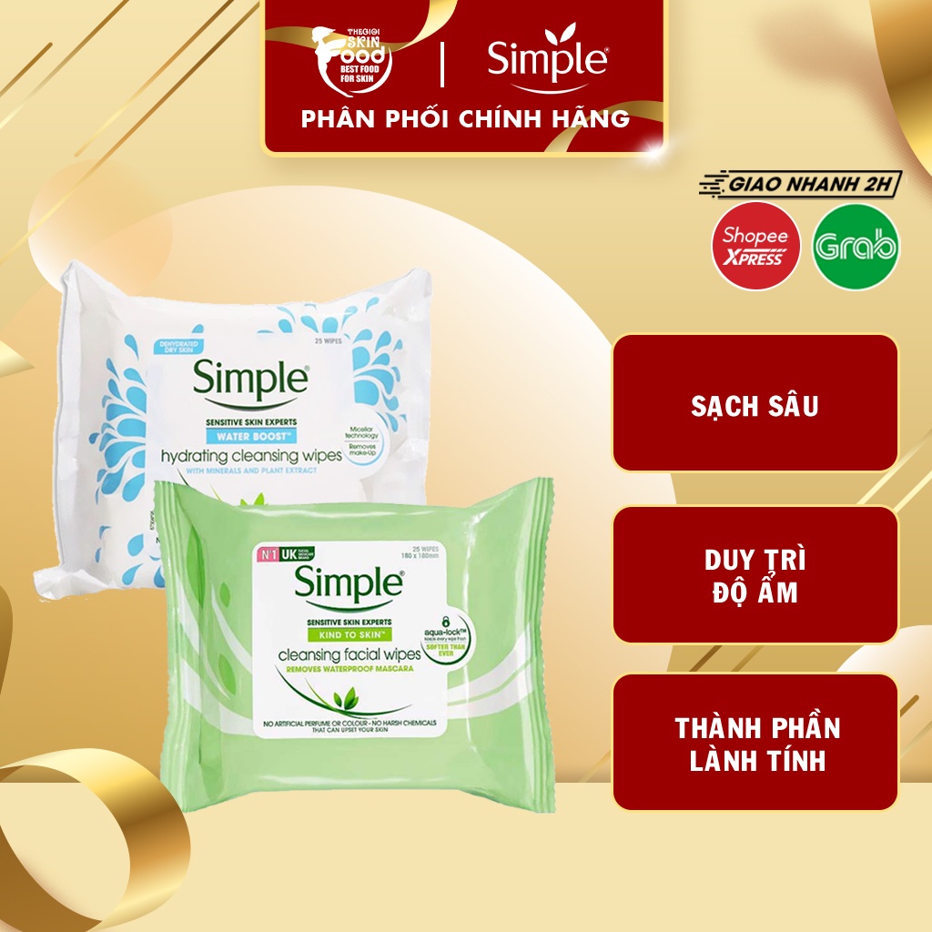 Khăn Ướt Tẩy Trang Làm Sạch Sâu Cho Da Nhạy Cảm Simple Kind To Skin Cleansing Facial Wipes (25 Tờ)