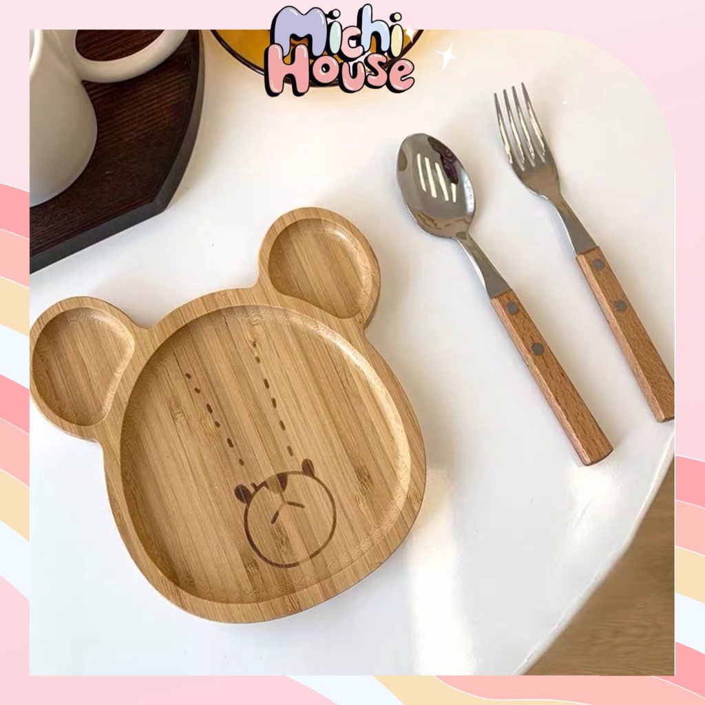 Đĩa Gỗ Hình Đầu Gấu cho bé ăn dặm, đĩa đựng hoa quả, trang trí decor bếp