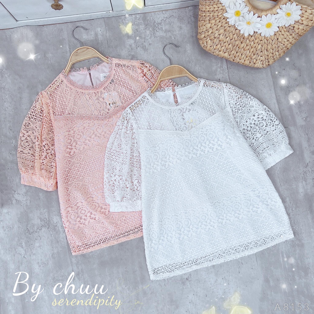 Áo sơ mi trắng kiểu vải ren tay phồng xinh xắn CHUU A8153