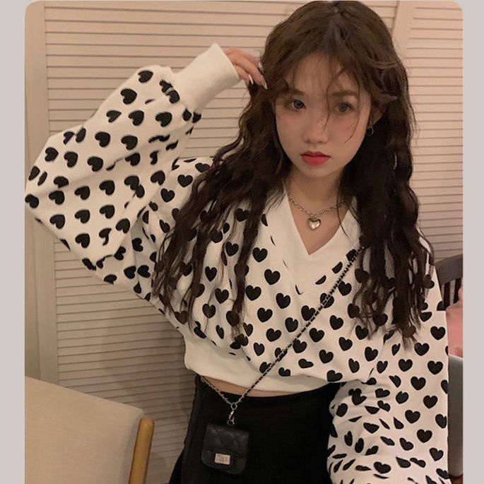 Áo Sweater Tay Dài Cổ Chữ V In Họa Tiết Trái Tim Thời Trang Hàn Quốc 2022 Cho Nữ