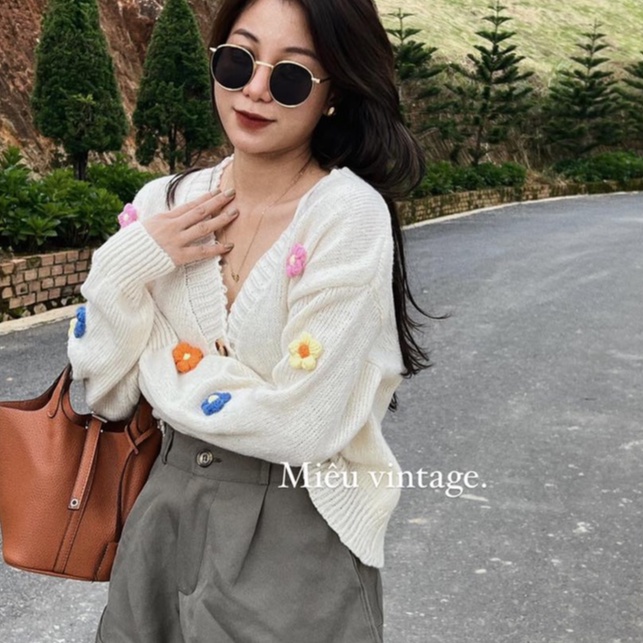 Áo khoác cardigan nữ ullzzang vải len dệt kim cao cấp phối hoa Bingshop