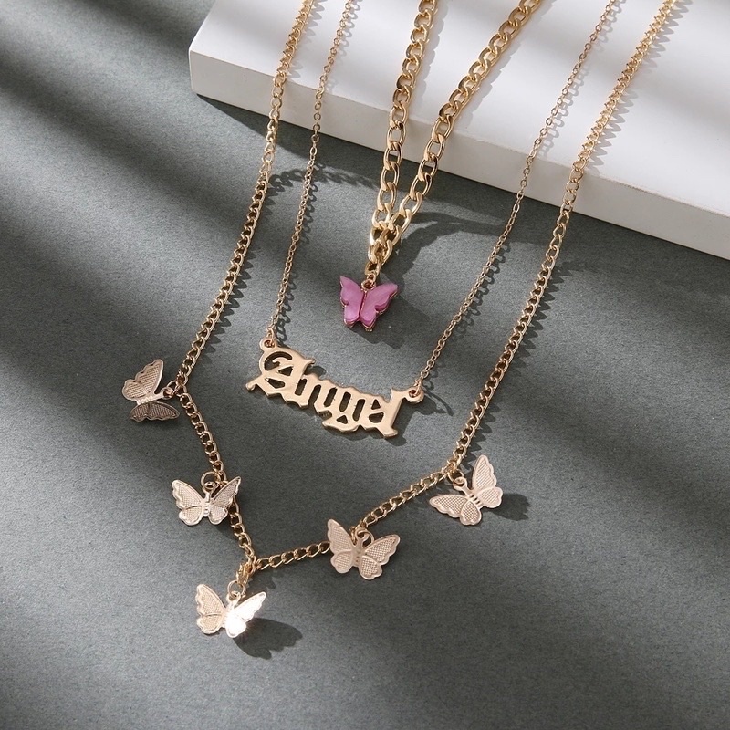 Sét 3 Vòng Cổ Dây Chuyền Mạ Vàng Hình Cánh Bướm