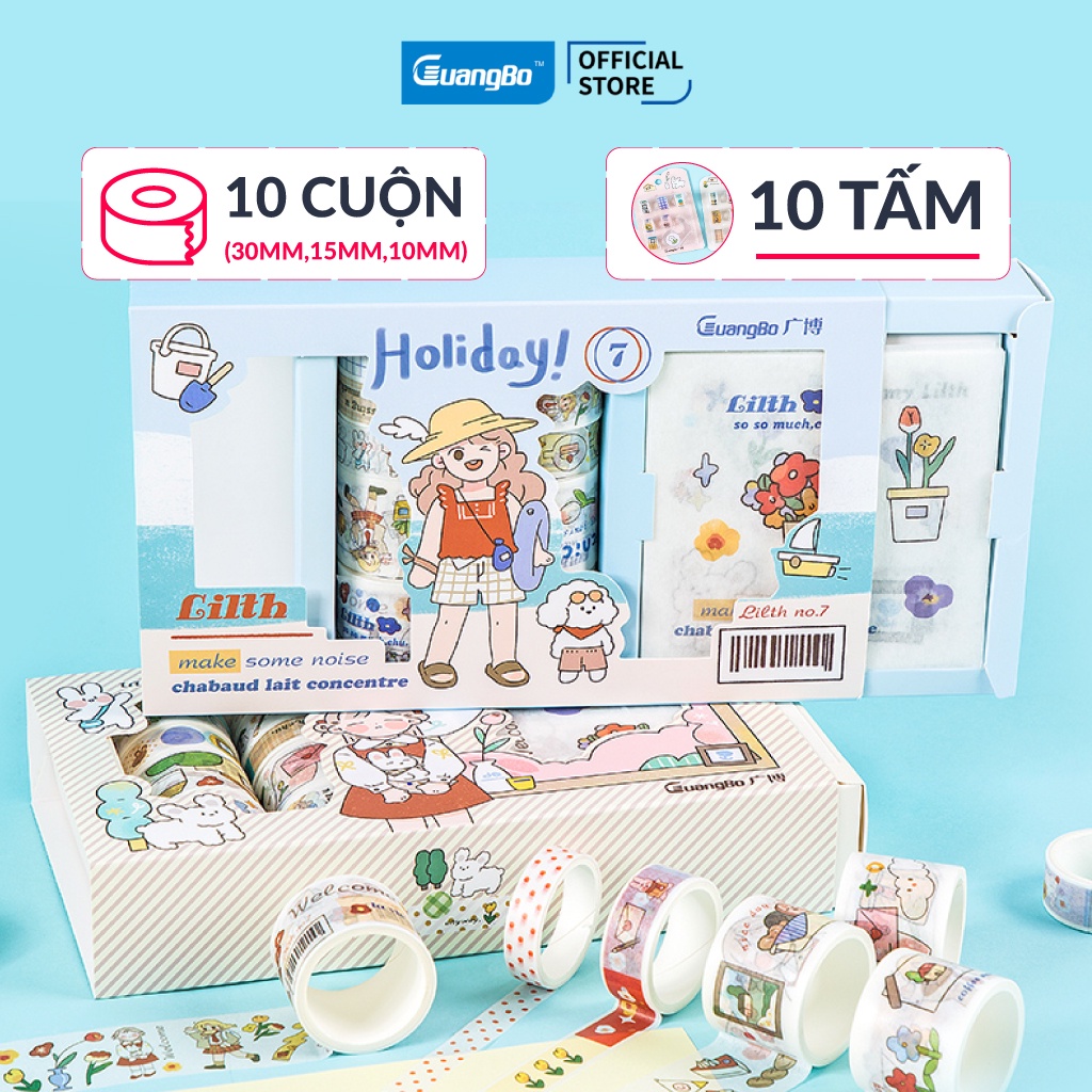 Bộ hộp 10 cuộn băng dính washi tape + 10 stickers GuangBo 4 chủ đề trang trí sổ Bullet Journal H97044