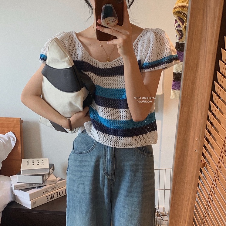 【ZHELIHANGFEI】Áo Thun Dệt Kim Tay Ngắn Dáng Rộng Kẻ Sọc Màu Sắc Tương Phản Độc Đáo