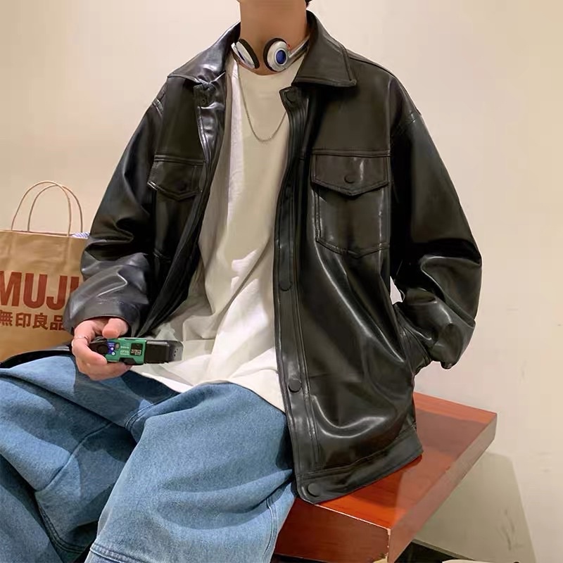 Áo Khoác Leather Jacket Da PU Form Rộng Oversize Màu Đen Nâu Tay Dài Nam Nữ