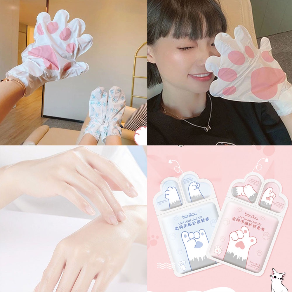 [Hàng mới về] Mặt nạ dưỡng ẩm tẩy tế bào chết chăm sóc da tay chân thiết kế kiểu dấu chân mèo dễ thương thời trang