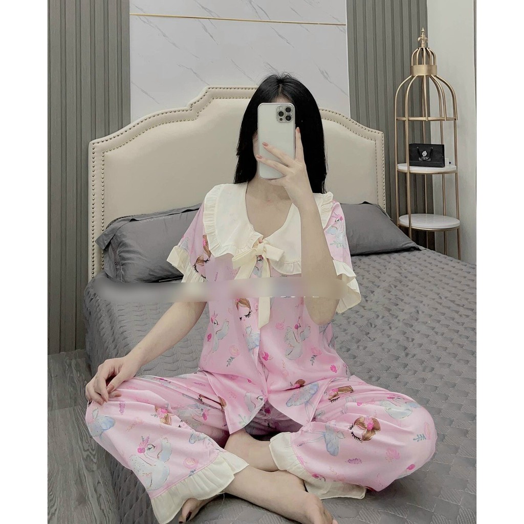 Đồ bộ Lụa satin Pijama mặc nhà tay ngắn quần dài mẫu hot Form dưới 60 kí | BigBuy360 - bigbuy360.vn