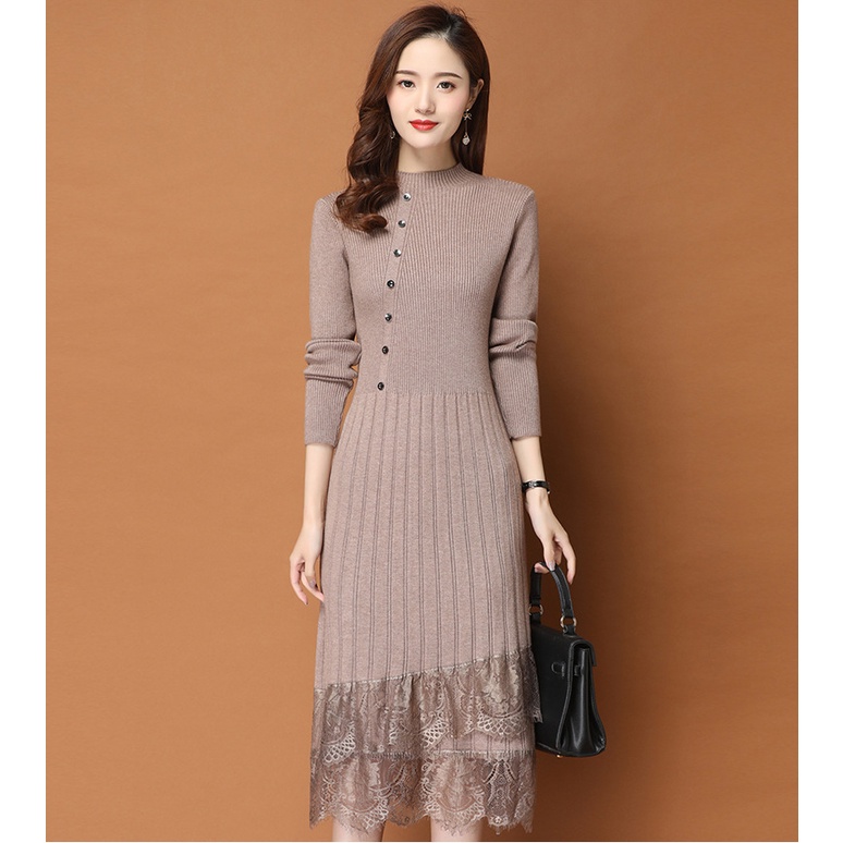 Váy Len Nữ Dài Tay Cổ Lọ Cao, Váy Đầm Nữ Đẹp Dự Tiệc, Công Sở, Đi Chơi - Hàng Quảng Châu | BigBuy360 - bigbuy360.vn