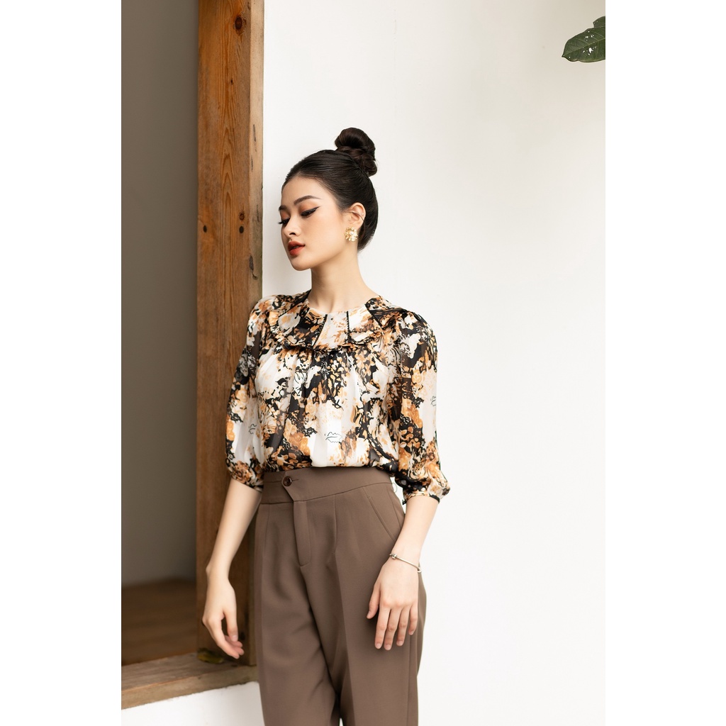 Áo Sơ Mi Nữ Họa Tiết YOSHINO Màu Nâu Vàng Hiện Đại Cá Tính 2105270613