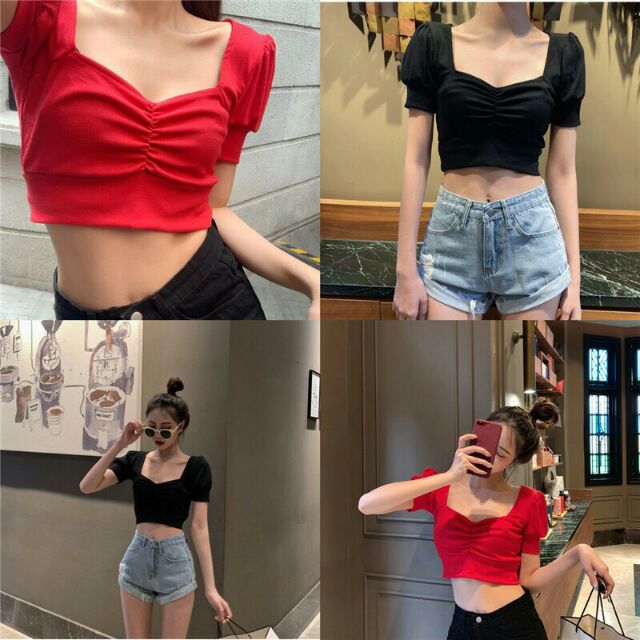 Áo kiểu rút ngực ngực tay phồng form croptop