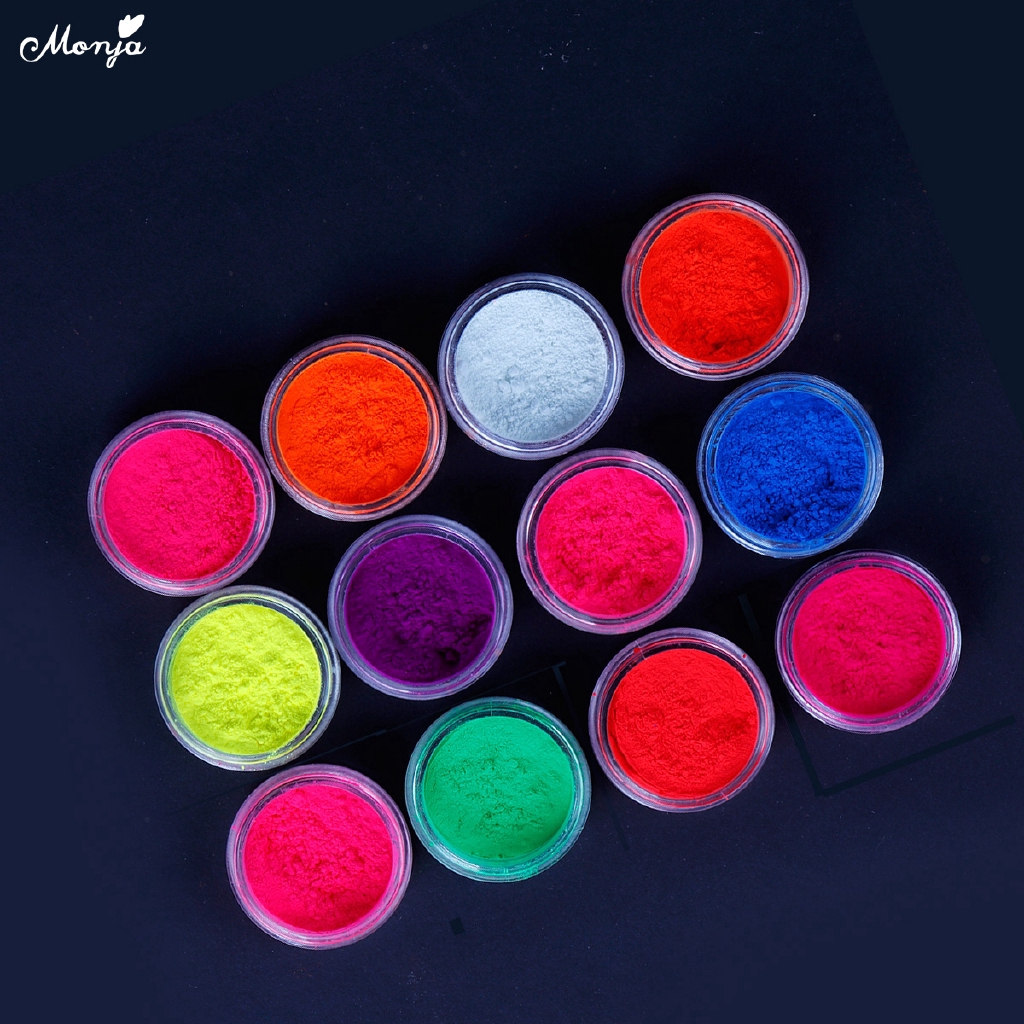 MONJA Set 12 Hộp Bột Neon Dạ Quang Trang Trí Móng Tay Diy