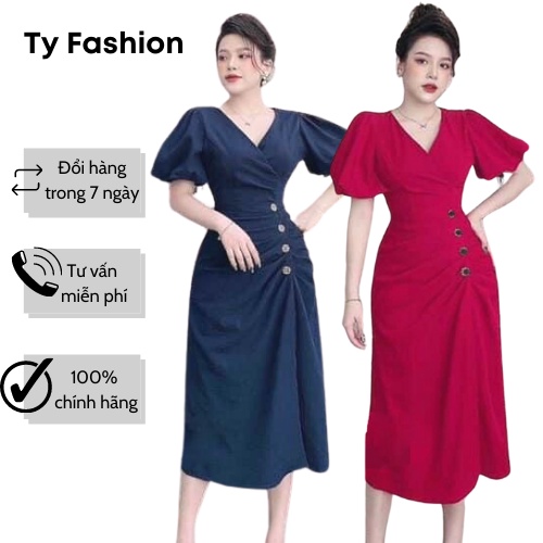 Đầm Xòe Cổ V Nhún Eo Tyfashion Cổ V Tay Bí Phồng Đính Nút Cách Điệu SML