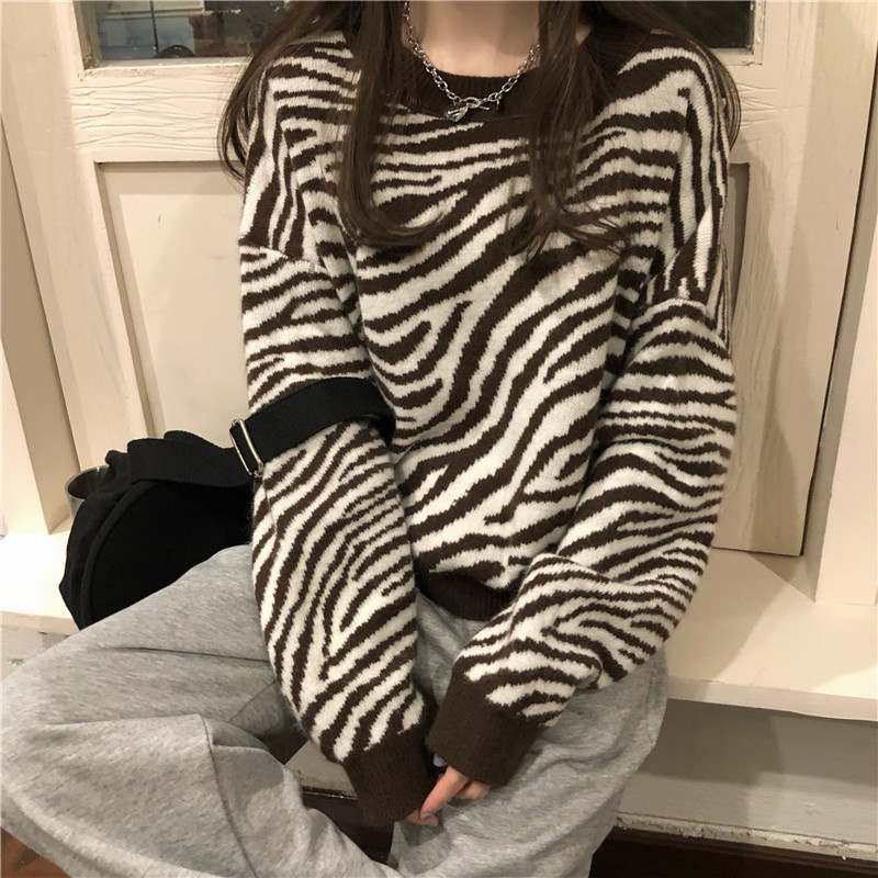 Áo Sweater Nữ Dáng Rộng In Họa Tiết Ngựa Vằn Thời Trang Mùa Thu Hàn Quốc Mới