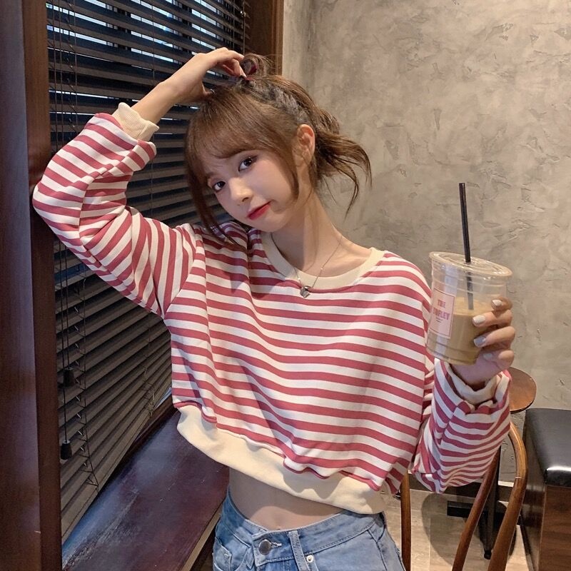 【ZHELIHANGFEI】Áo Sweater Tay Dài Kẻ Sọc Lưng Cao Thời Trang Cá Tính