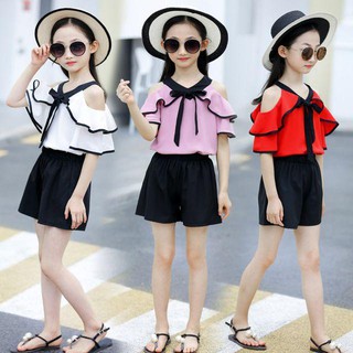 0 - bộ bé gái hở vai nhún bèo nơ điệu đà - dg001