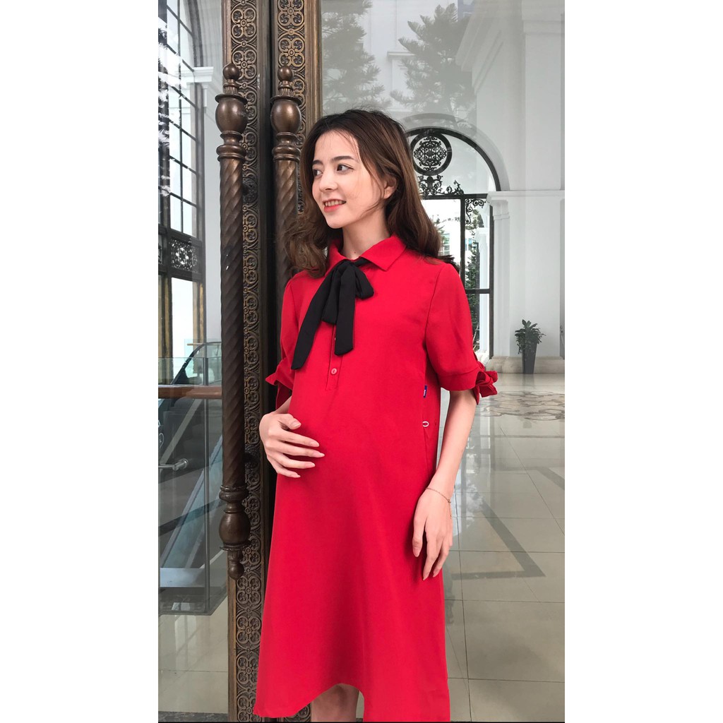 Váy bầu xinh  FREESHIP  Giảm 20K Khi Nhập [NHUN20K] Đầm ĐỎ dáng suông thiết kế 3 size S M L