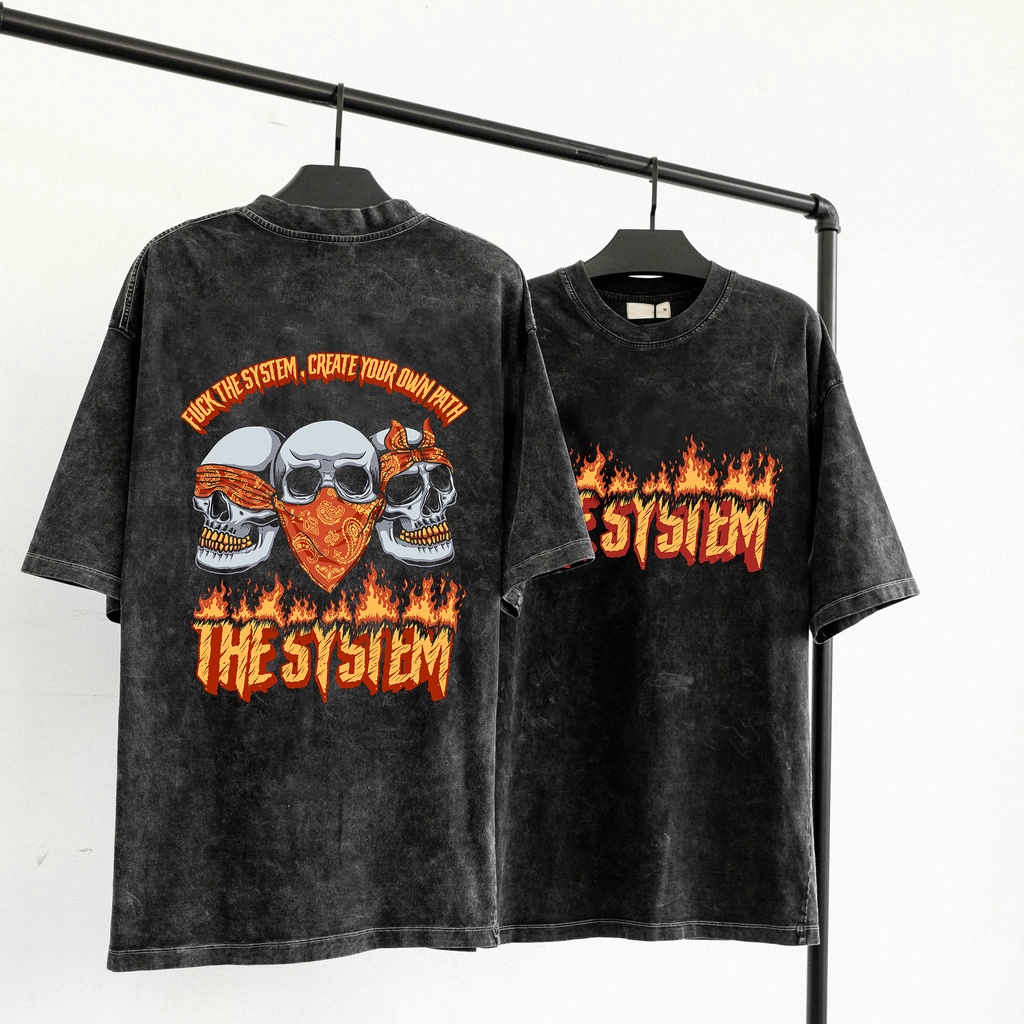 Áo thun tay lỡ  WASH phông Unisex nam nữ Cotton oversize form rộng - Đầu lâu lửa WASH