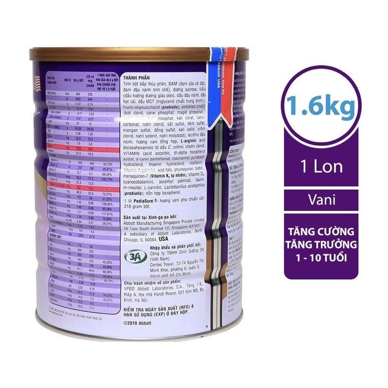 SỮA PEDIASURE 1.6KG HƯƠNG VANI DATE 11/2024