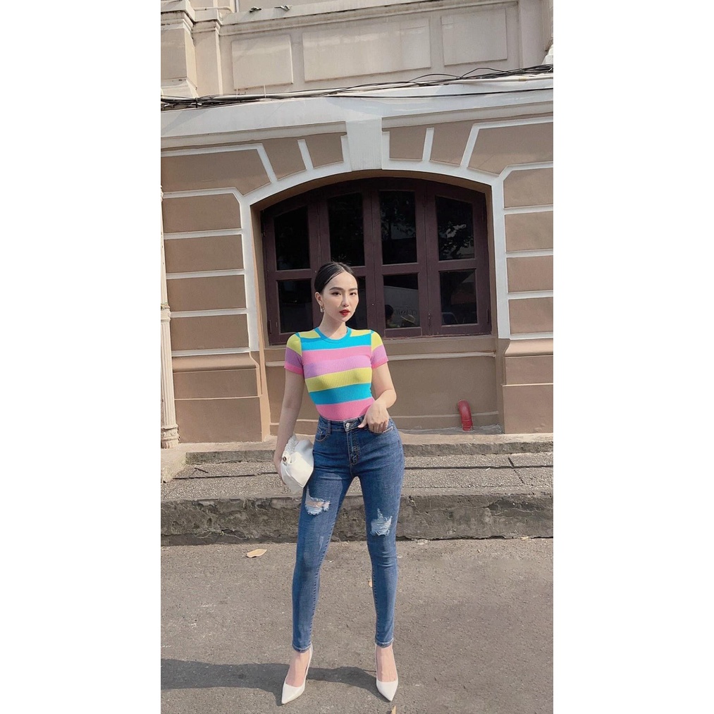 Quần jeans dài BigSize lưng cao, co dãn mạnh, màu xanh đậm rách kiểu 4257