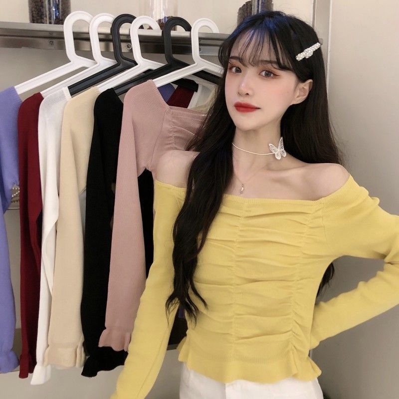 Áo thun dệt kim dáng rộng cổ vuông tay ngắn thời trang