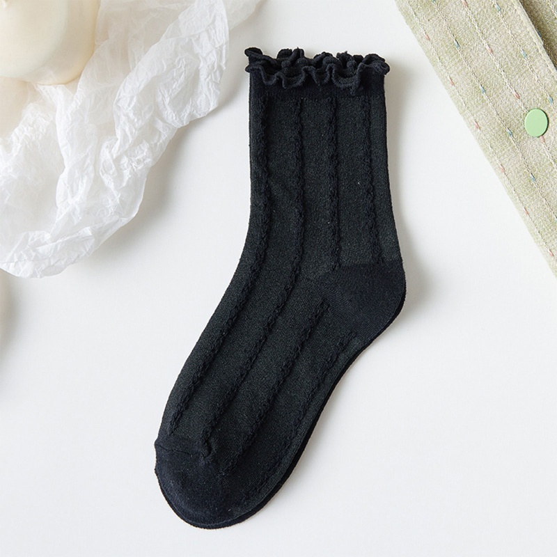 Vớ cotton màu đen viền ren họa tiết kẻ sọc phong cách Harajuku Nhật Bản thời trang cho nữ
